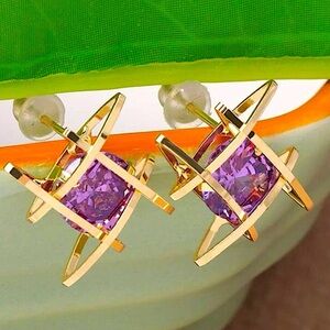 Gold Caged Amethyst 3D Stud Minimalist Earrings